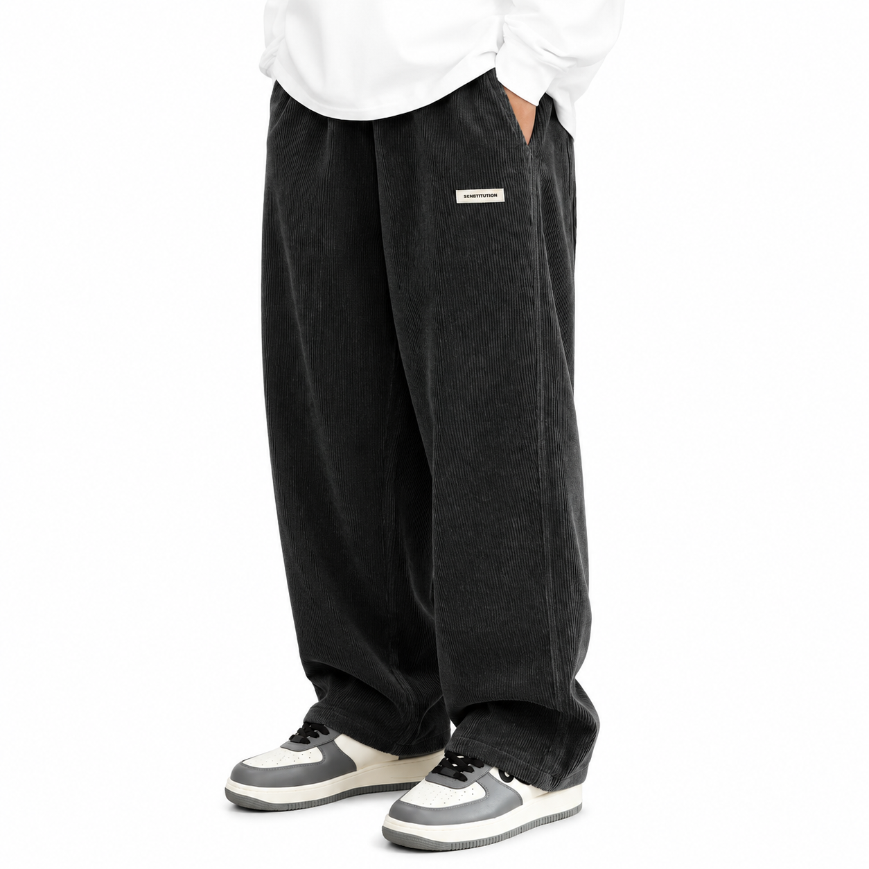Mens Corduroy Trousers Elastic Waist Straight Leg Casual Cord Pants UK - Waistband Detail - QHA UK