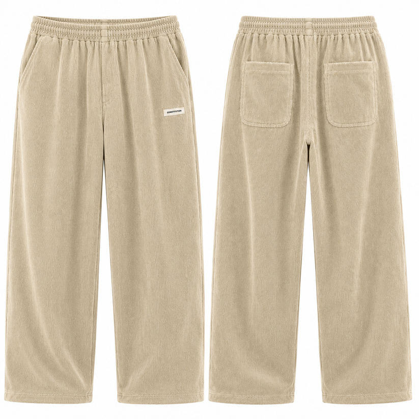 Mens Corduroy Trousers Elastic Waist Straight Leg Casual Cord Pants UK - Waistband Detail - QHA UK