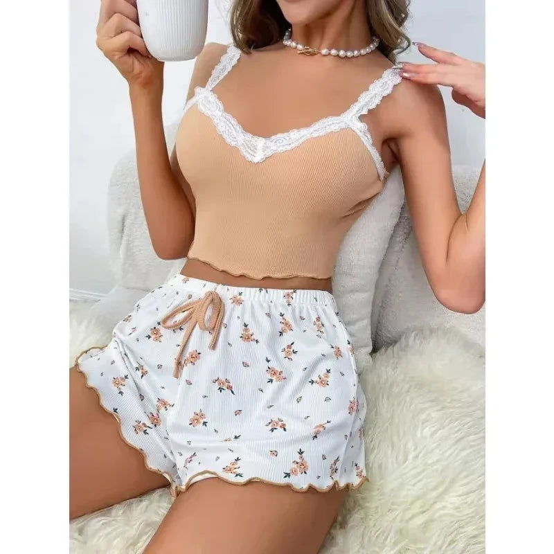Women Lace Cami Pyjama Set Pink V-Neck Sleepwear Shorts Loungewear - Model Wearing Product - QHA UK