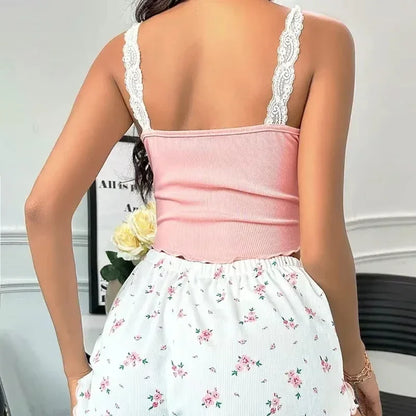 Women Lace Cami Pyjama Set Pink V-Neck Sleepwear Shorts Loungewear - Collar Detail - QHA UK