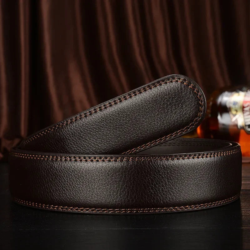 Mens Genuine Leather Ratchet Belt Automatic Buckle Business Black 3.5c - Buckle Detail - QHA UK