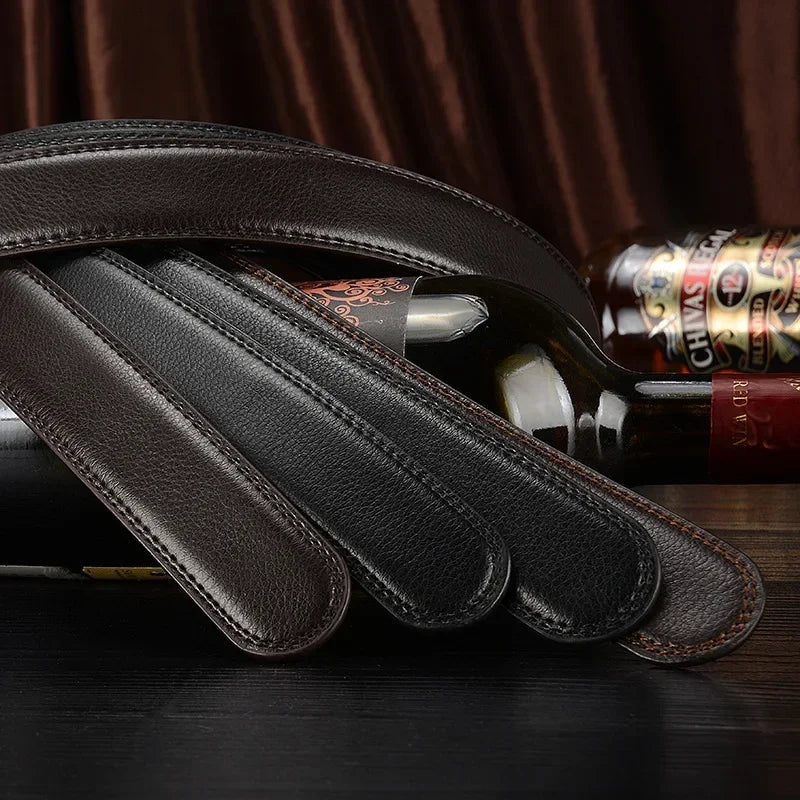 Mens Genuine Leather Ratchet Belt Automatic Buckle Business Black 3.5c - Buckle Detail - QHA UK