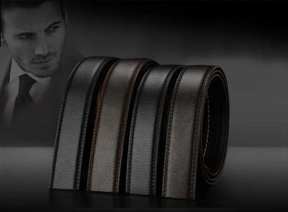 Mens Genuine Leather Ratchet Belt Automatic Buckle Business Black 3.5c - Buckle Detail - QHA UK