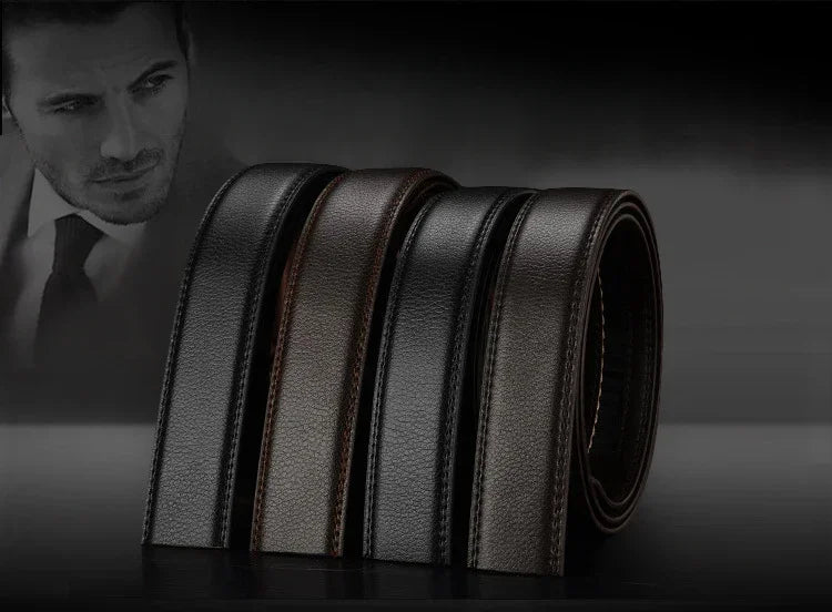 Mens Genuine Leather Ratchet Belt Automatic Buckle Business Black 3.5c - Buckle Detail - QHA UK