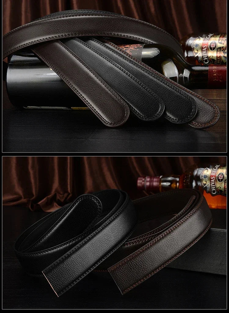 Mens Genuine Leather Ratchet Belt Automatic Buckle Business Black 3.5c - Buckle Detail - QHA UK