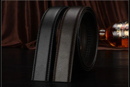 Mens Genuine Leather Ratchet Belt Automatic Buckle Business Black 3.5c - Buckle Detail - QHA UK