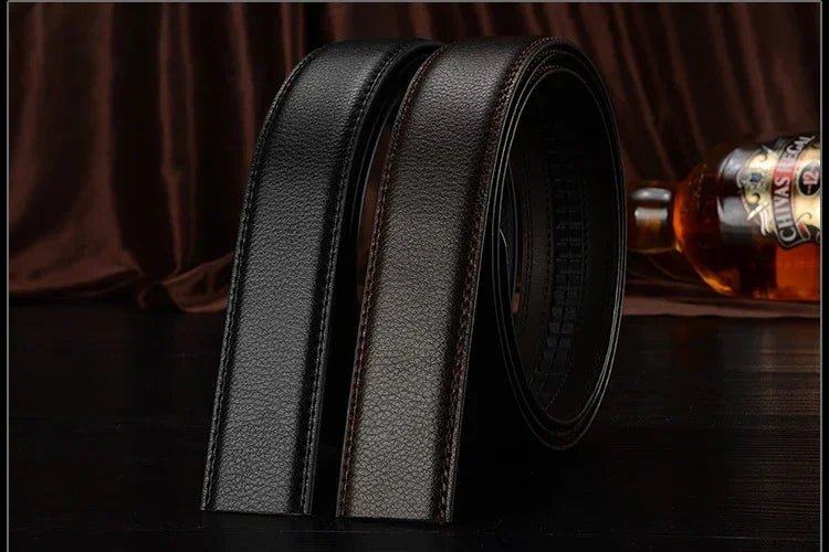 Mens Genuine Leather Ratchet Belt Automatic Buckle Business Black 3.5c - Buckle Detail - QHA UK