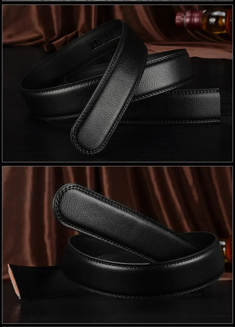 Mens Genuine Leather Ratchet Belt Automatic Buckle Business Black 3.5c - Buckle Detail - QHA UK