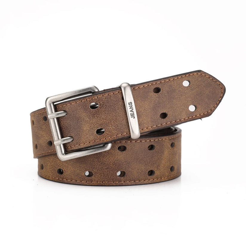 Unisex Western PU Leather Belt Retro Cowboy Buckle Jeans Waist Black B - Buckle Detail - QHA UK