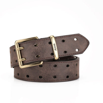 Unisex Western PU Leather Belt Retro Cowboy Buckle Jeans Waist Black B - Buckle Detail - QHA UK