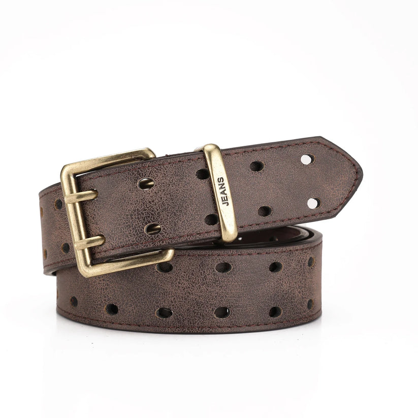 Unisex Western PU Leather Belt Retro Cowboy Buckle Jeans Waist Black B - Buckle Detail - QHA UK
