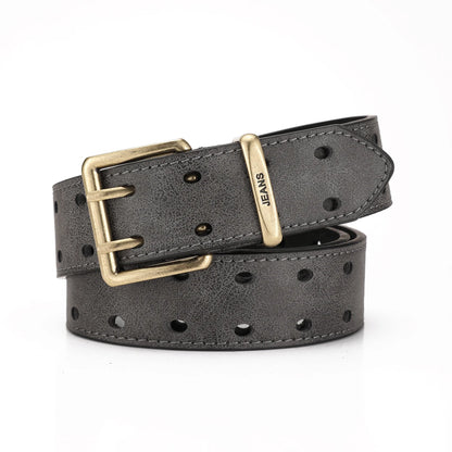 Unisex Western PU Leather Belt Retro Cowboy Buckle Jeans Waist Black B - Buckle Detail - QHA UK