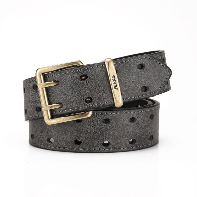 Unisex Western PU Leather Belt Retro Cowboy Buckle Jeans Waist Black B - Buckle Detail - QHA UK