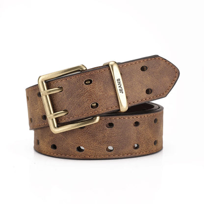 Unisex Western PU Leather Belt Retro Cowboy Buckle Jeans Waist Black B - Buckle Detail - QHA UK