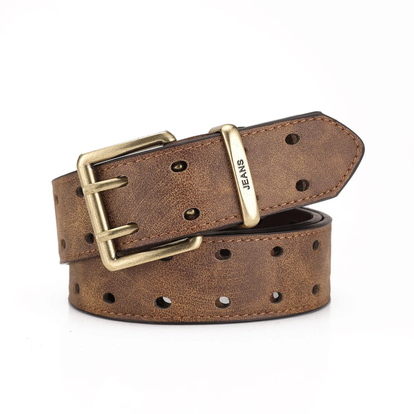 Unisex Western PU Leather Belt Retro Cowboy Buckle Jeans Waist Black B - Buckle Detail - QHA UK