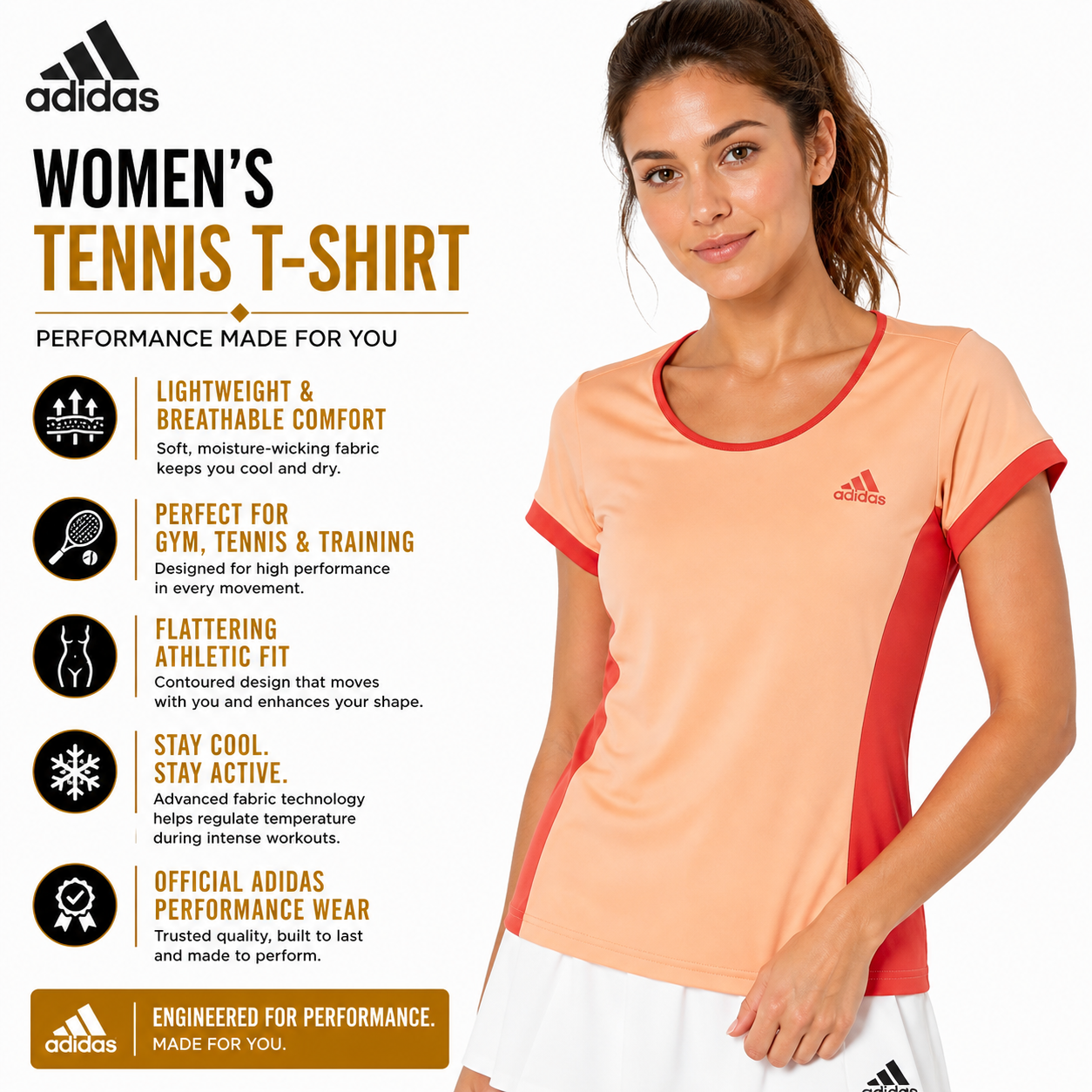 Adidas Womens Court T-Shirt Orange Brisol Gym Tennis Sports Top - QHA UK