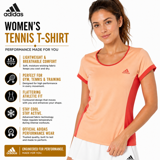 Adidas Womens Court T-Shirt Orange Brisol Gym Tennis Sports Top - QHA UK