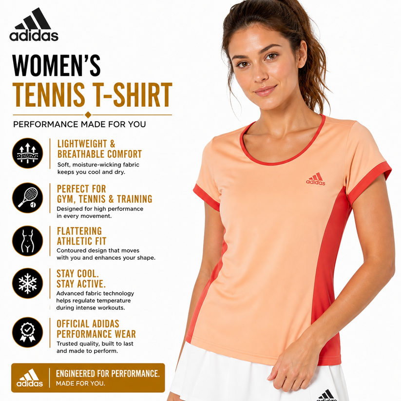 Adidas Womens Court T-Shirt Orange Brisol Gym Tennis Sports Top - QHA UK