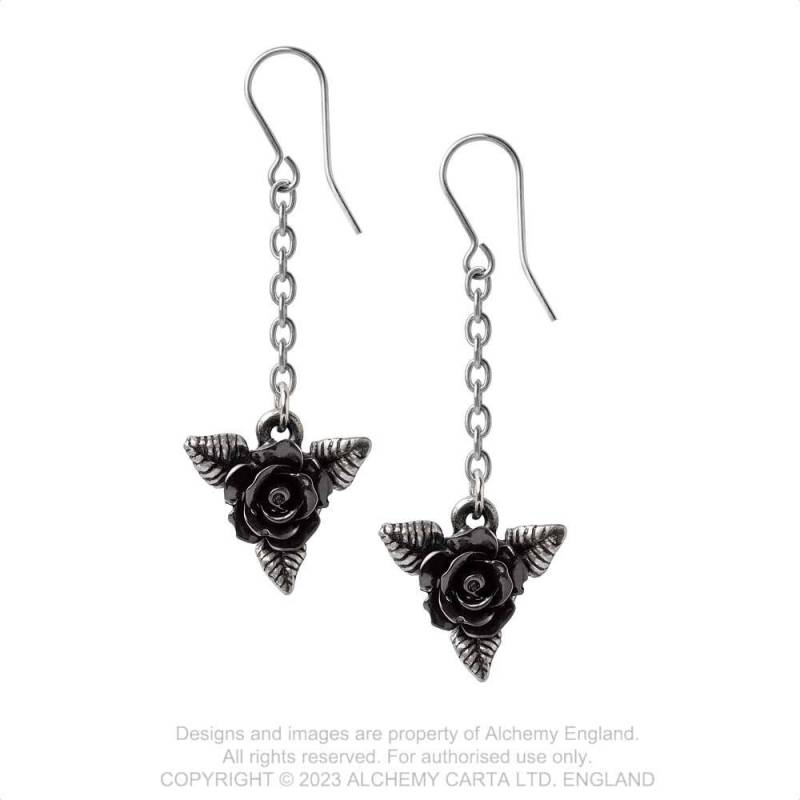 Alchemy Gothic Earrings Black Rose Droppers - QHA UK