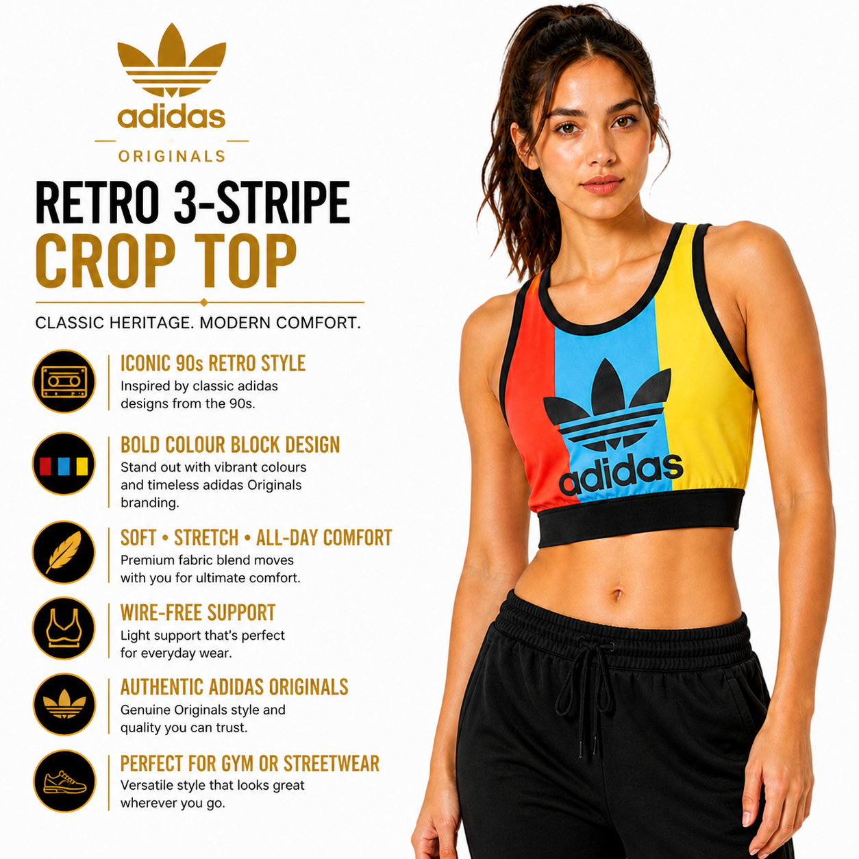 Adidas Originals Trefoil Colour Block Bra Top AY9450 Retro Crop - QHA UK