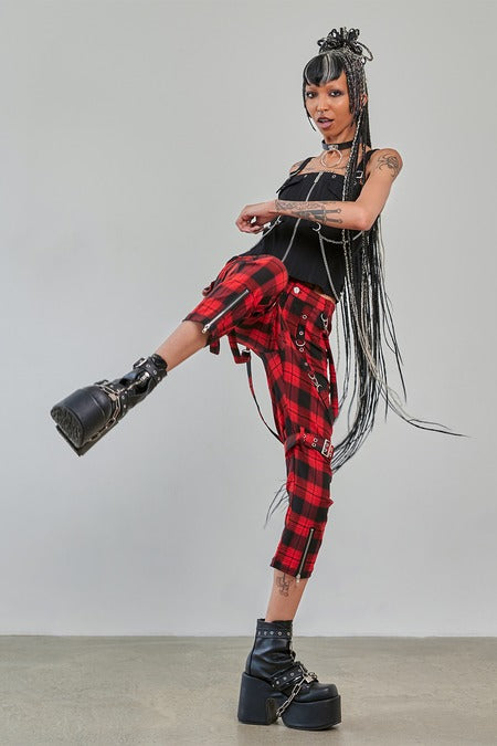 Banned Alternative Women's Trousers Nocturne Buckle Red Tartan UK 8-22 - Buckle Detail - QHA UK