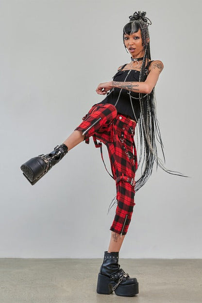 Banned Alternative Women's Trousers Nocturne Buckle Red Tartan UK 8-22 - Buckle Detail - QHA UK