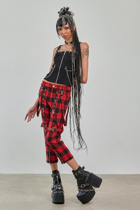 Banned Alternative Women's Trousers Nocturne Buckle Red Tartan UK 8-22 - Buckle Detail - QHA UK