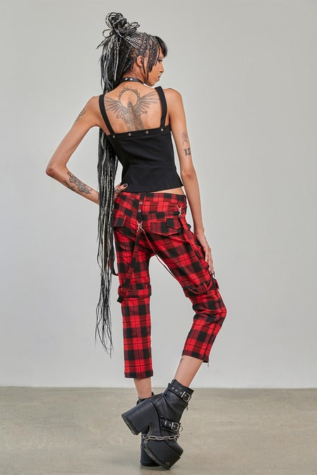 Banned Alternative Women's Trousers Nocturne Buckle Red Tartan UK 8-22 - Buckle Detail - QHA UK