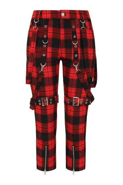 Banned Alternative Women's Trousers Nocturne Buckle Red Tartan UK 8-22 - Buckle Detail - QHA UK