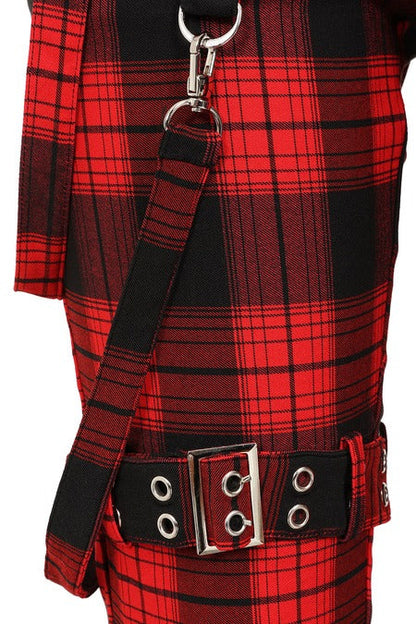 Banned Alternative Women's Trousers Nocturne Buckle Red Tartan UK 8-22 - Buckle Detail - QHA UK
