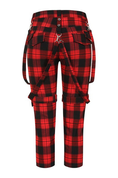 Banned Alternative Women's Trousers Nocturne Buckle Red Tartan UK 8-22 - Buckle Detail - QHA UK