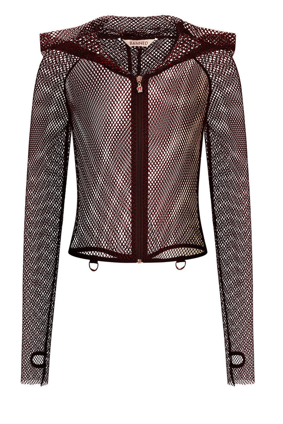 Banned Apparel Women's Gothic Hoodie Liora Red Metallic Fishnet Skull - QHA UK