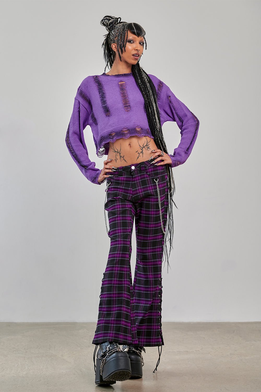 Banned Apparel Women's Flared Trousers Scarlett Vixen Purple Tartan - QHA UK