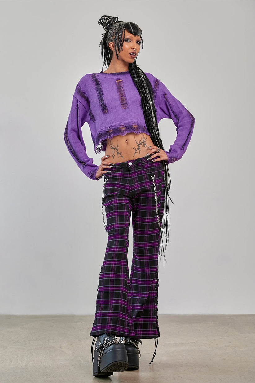 Banned Apparel Women's Flared Trousers Scarlett Vixen Purple Tartan - QHA UK