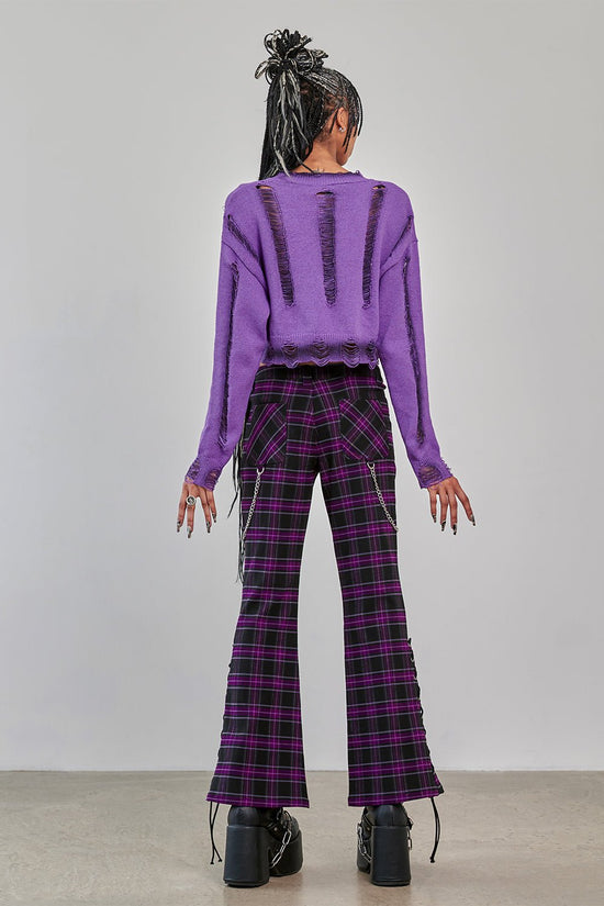 Banned Apparel Women's Flared Trousers Scarlett Vixen Purple Tartan - QHA UK