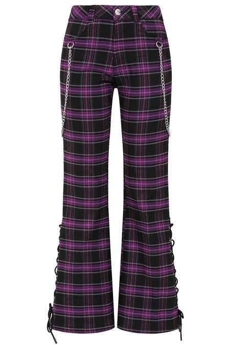 Banned Apparel Women's Flared Trousers Scarlett Vixen Purple Tartan - QHA UK