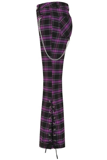 Banned Apparel Women's Flared Trousers Scarlett Vixen Purple Tartan - QHA UK