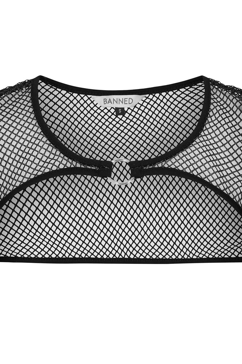 Banned Apparel Women's Bolero Venus Metallic Fishnet Top Blue Black - QHA UK