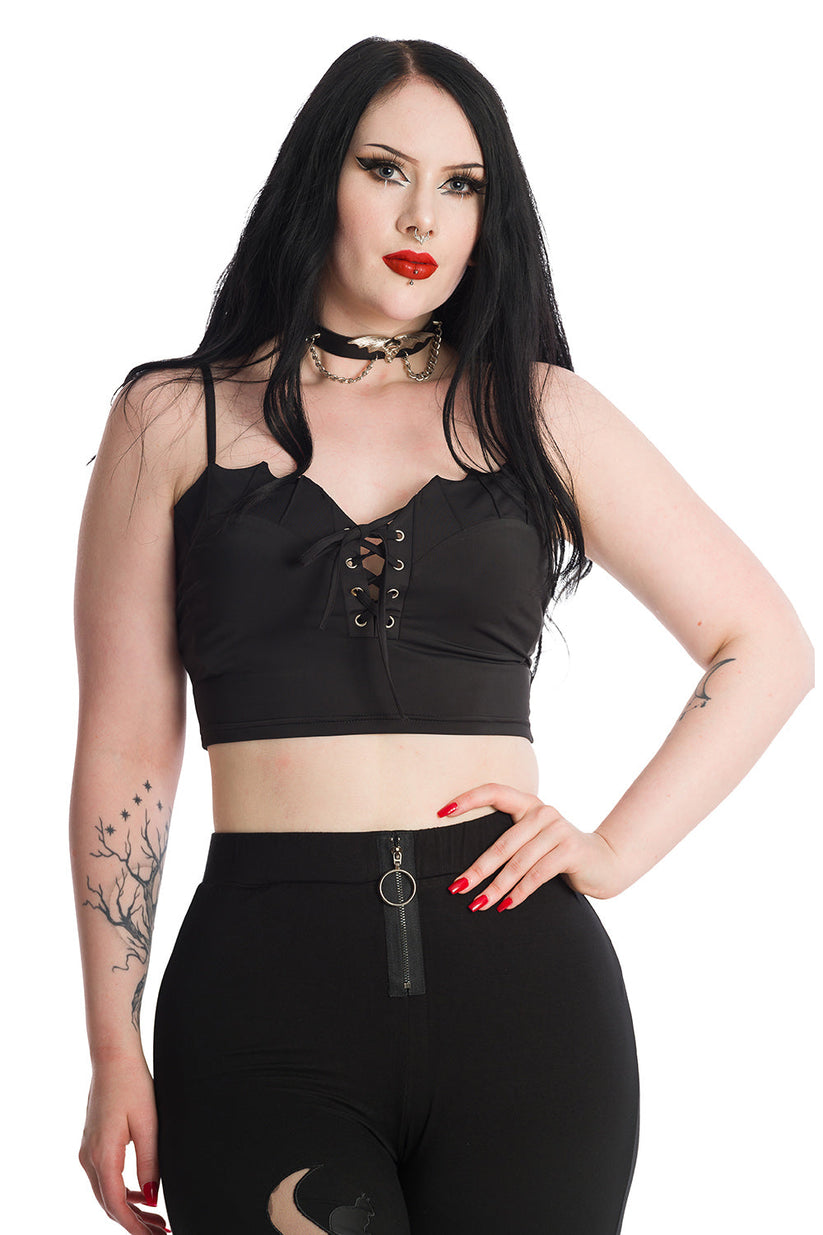 Banned Apparel Crop Top Bernia Black with Bat Wing Effect and Lace-Up - QHA UK