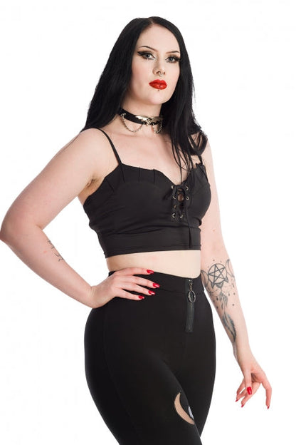 Banned Apparel Crop Top Bernia Black with Bat Wing Effect and Lace-Up - QHA UK