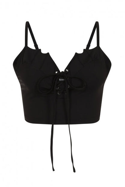 Banned Apparel Crop Top Bernia Black with Bat Wing Effect and Lace-Up - QHA UK