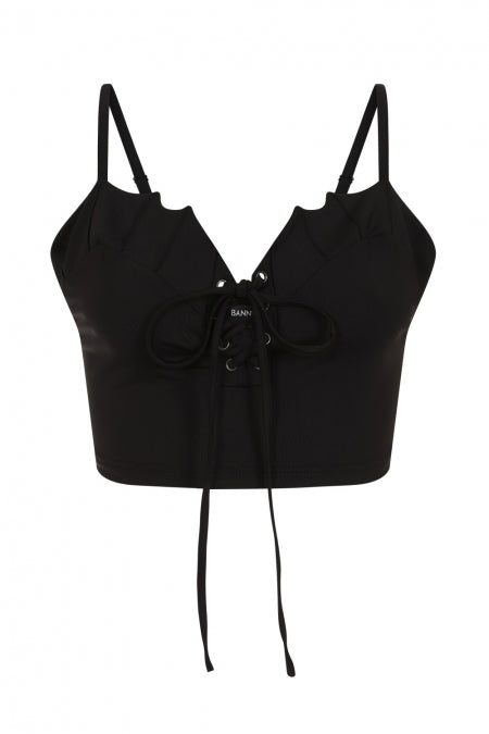 Banned Apparel Crop Top Bernia Black with Bat Wing Effect and Lace-Up - QHA UK