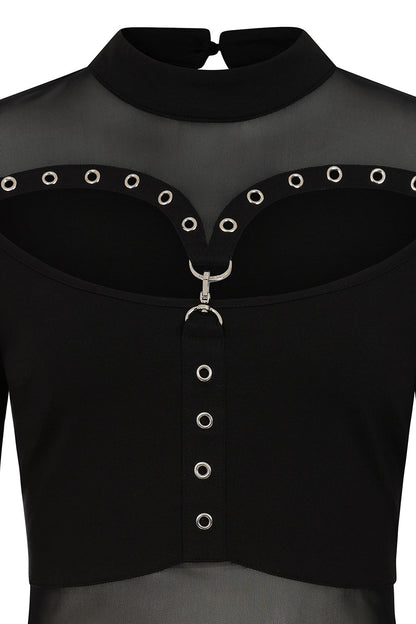 Women's Gothic Blouse Banned Cordelia Mesh Panel Top Black UK 8-18 - QHA UK