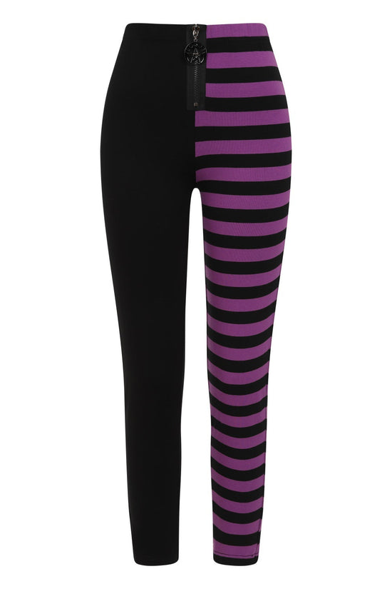 Banned Apparel Women's Leggings Half Black Half Stripes Purple - QHA UK