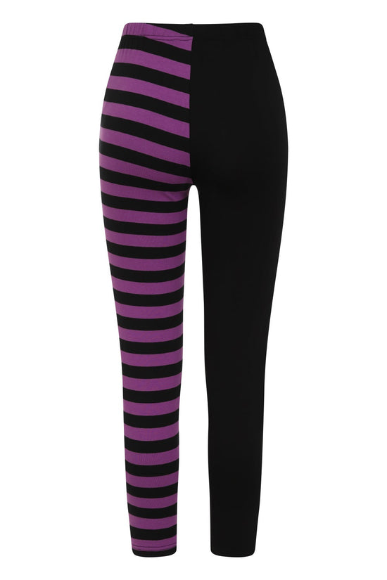 Banned Apparel Women's Leggings Half Black Half Stripes Purple - QHA UK