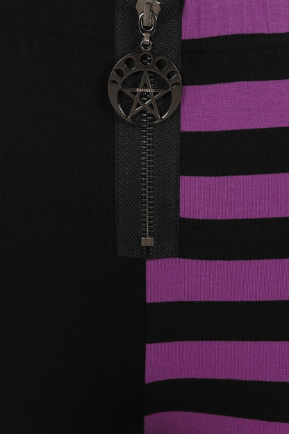 Banned Apparel Women's Leggings Half Black Half Stripes Purple - QHA UK