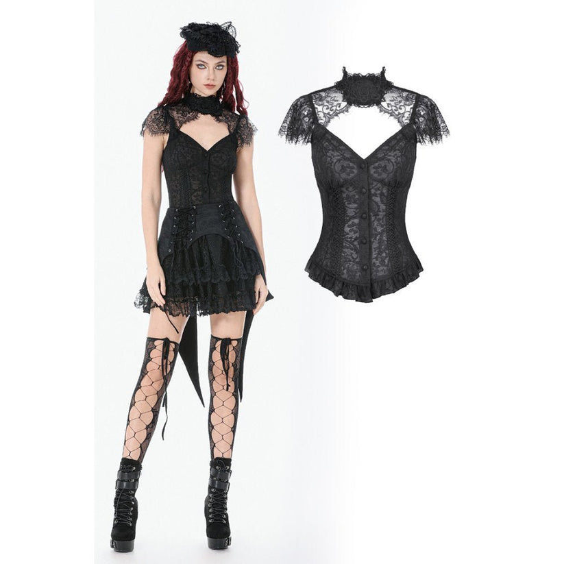 Women's Gothic Corset Top Black Floral Lace High-Neck Shoulder-Mantle - QHA UK
