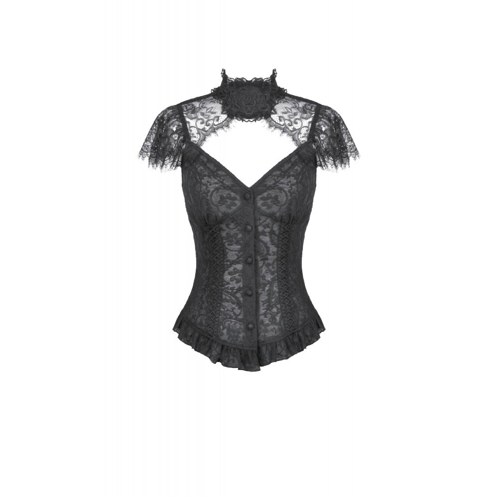 Women's Gothic Corset Top Black Floral Lace High-Neck Shoulder-Mantle - Collar Detail - QHA UK