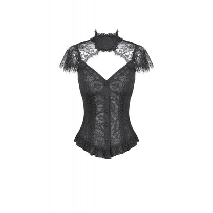 Women's Gothic Corset Top Black Floral Lace High-Neck Shoulder-Mantle - Collar Detail - QHA UK