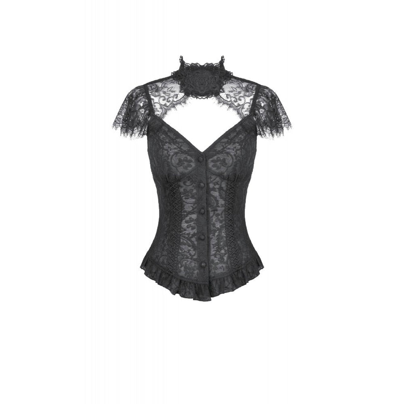 Women's Gothic Corset Top Black Floral Lace High-Neck Shoulder-Mantle - Collar Detail - QHA UK